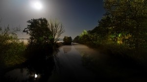 luna, luz, noche, oscuridad, río, árboles, agua