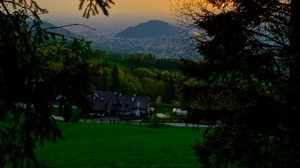 lawn, house, trees, hills, villa, rural, nature - wallpapers, picture
