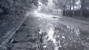 puddles, paths, tram, street, paving stones, black and white - wallpapers, picture