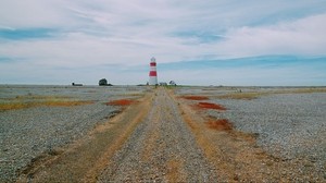 lighthouse, pebbles, trail, Orford Ness