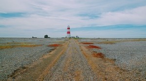 faro, guijarros, sendero, Orford Ness