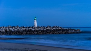 lighthouse, stones, sea, coast, sky