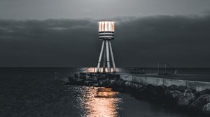 lighthouse, sea, pier, night, stones, water