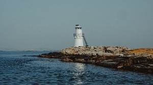 lighthouse, sea, rocks, shore