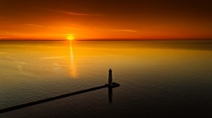 lighthouse, sea, aerial view, sunset, dusk