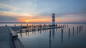 lighthouse, pier, sea, sunset, sky