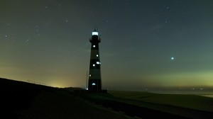 lighthouse, glow, night, starry sky, fog - wallpapers, picture