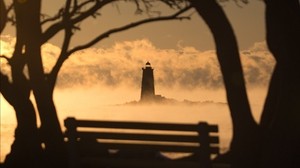 lighthouse, sunset, bench, blur, trees, branches