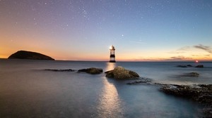 lighthouse, starry sky, sea, penmon, united kingdom
