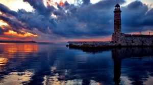 lighthouse, stone, reflection, sky