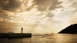 lighthouse, rays, sun, water, sea, sky