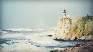 lighthouse, rock, birds, storm, sea
