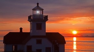 leuchtturm, lichtschein, sonnenuntergang, sonne, meer, zeiger