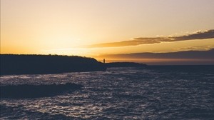 lighthouse, bay, sunset, shore, horizon - wallpapers, picture