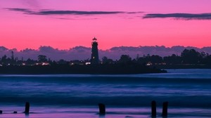 lighthouse, bay, sunset, sky