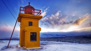 lighthouse, yellow, wires, winter, cold - wallpapers, picture