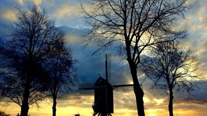 mill, trees, twilight, evening, outlines, sky, serenity