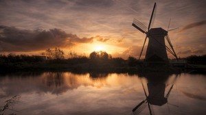 mill, sunset, evening, lake