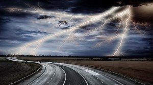 lightning, road, asphalt, element, sky, weather, auto, movement, discharge - wallpapers, picture