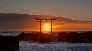 sea, arch, sunset, torii, japan