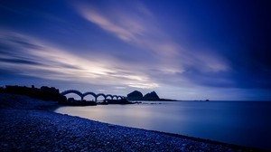 sea, coast, stones, bridge, sunset, evening