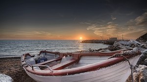 sea, coast, boat, sunset