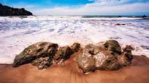sea, coast, foam, stones, sand - wallpapers, picture