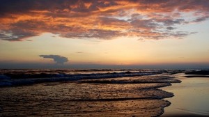 sea, coast, sand, wet, clouds, aerial, evening