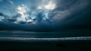 sea, coast, surf, night, cloudy