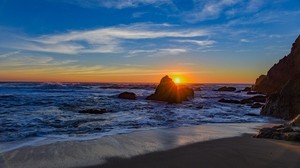 sea, coast, cliffs, surf, sunset