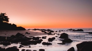 sea, coast, sunset, stones, sand, horizon