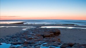 sea, coast, sunset, sand, stones, horizon