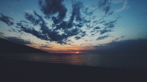 mar, costa, puesta de sol, nubes