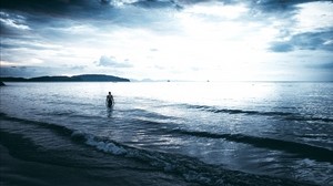 sea, man, lonely, cloudy, clouds