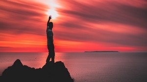 sea, man, sunset, horizon, hill - wallpapers, picture
