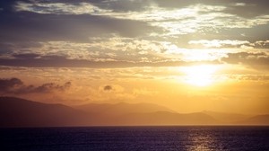 sea, horizon, sunset, clouds, mountains, fog - wallpapers, picture