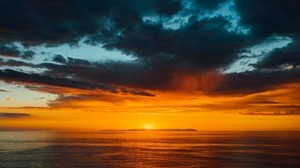 sea, horizon, sunset, clouds, sun, sky, dark