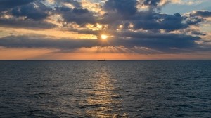 海、地平線、日没、波紋、波、船