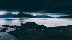 sea, mountains, coast, night