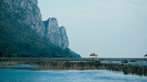 mar, montañas, puente, rocas