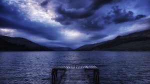 sea, mountains, evening, clouds, cloudy, pier, Scotland - wallpapers, picture
