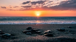 sea, stones, coast, horizon, sunset, sky