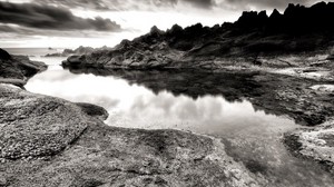 sea, stones, coast, rocks, gloom, black and white