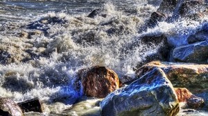 sea, stones, spray, foam, landscape