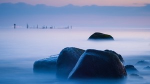 sea, stones, fog, coast, landscape - wallpapers, picture
