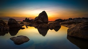 sea, stones, sunset, reflection