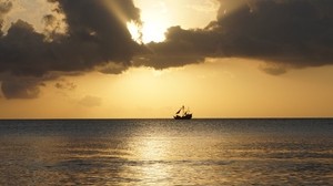 sea, ship, horizon, sunset