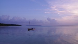 海、ボート、孤独、地平線、日没