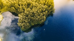 sea, boat, top view, trees, Lithuania