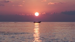 sea, boat, sunset, horizon, toddu, maldives - wallpapers, picture